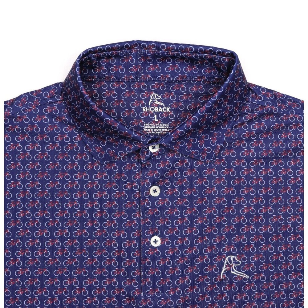 Rhoback Polo Shirt Bicycle All Over Print Stretch Men's Large Blue